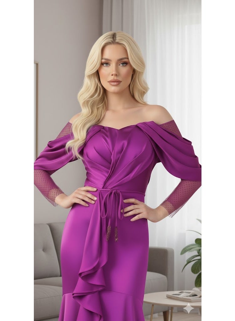 FULL JOY Women Luxurious Silk Satin Maxi Evening Dress, Off-Shoulder Design, Long sheer sleeves, and Waist Belt .Fashion Dress, Modern dress. - Image 3